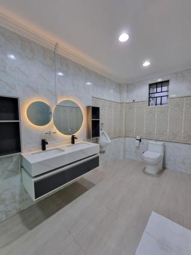 W łazience znajduje się umywalka, toaleta i lustro. w obiekcie Casa Nadreya w mieście Nakuru