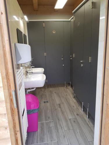 een badkamer met 2 wastafels en 2 toiletten bij Glamping - Kamp Steska in Žalec