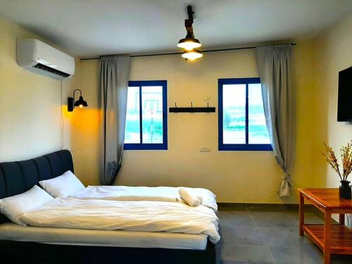 een slaapkamer met een bed en 2 ramen bij Bein Tavor Lekineret- quiet cabin in Neve Ilan in Sede Ilan