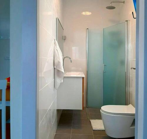 een badkamer met een toilet, een wastafel en een douche bij Bein Tavor Lekineret- quiet cabin in Neve Ilan in Sede Ilan