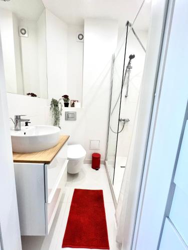 La salle de bains est pourvue d'un lavabo blanc et d'un tapis rouge. dans l'établissement Cosy, Comfy, Polin, Old Town, à Varsovie