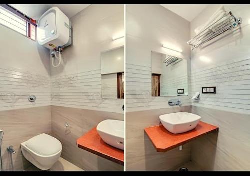 two pictures of a bathroom with a toilet and a sink at Hari Niwas - A Boutique Garden Resort Mount Abu in Mount Ābu