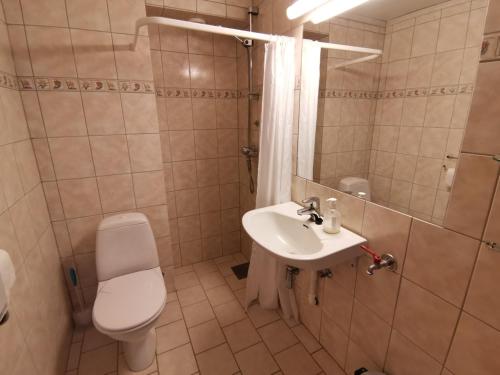 y baño con aseo, lavabo y ducha. en Bergland 10 - close to the center of Kragerø, en Kragerø