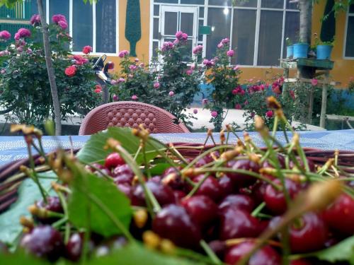a basket of cherries sitting on top of a table at Rakaposhi Amin Hotel & Restaurant Pissan Hunza Nagar Gilgit Baltistan in Gilgit