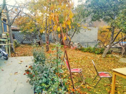 two chairs in a garden with leaves on the ground at Rakaposhi Amin Hotel & Restaurant Pissan Hunza Nagar Gilgit Baltistan in Gilgit