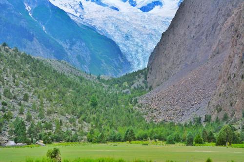 a valley in the mountains with a green field at Rakaposhi Amin Hotel & Restaurant Pissan Hunza Nagar Gilgit Baltistan in Gilgit