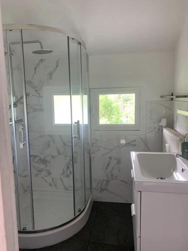 une salle de bain avec douche et lavabo dans l'établissement Le Nid des Fées appartement T3 rénové accès jardin, à La Bourboule