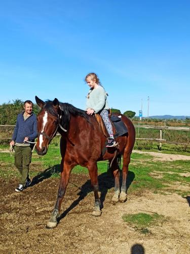 Una mujer montada en la espalda de un caballo marrón en Agriturismo La Talpa, en Marsiliana