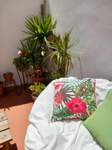 a couch with a pillow on it with potted plants at Casa da Umbria in Odemira