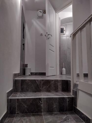 a bathroom with a walk in shower next to a sink at Apartment ANGELOVE in Senj