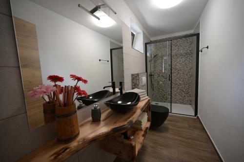 a bathroom with two sinks and a walk in shower at Apartma Ten Sen in Kobarid