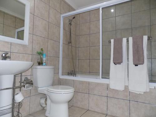 een badkamer met toilet, douche en wastafel bij 2-Bedroom Apartment within 1km of The Point Beach in Mosselbaai