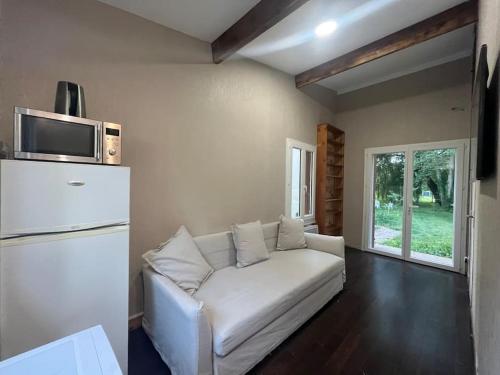 een woonkamer met een witte bank en een magnetron bij River place in Villemeux-sur-Eure