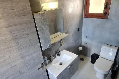 a bathroom with a sink and a toilet and a mirror at ManiTu in Éxo Nímfion