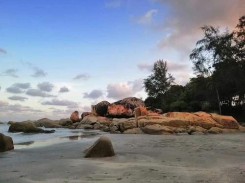 uma praia com algumas pedras na água em Mk guesthouse em Kuantan