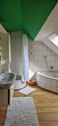 MöggersにあるHaus zum Kranich, traditionelles, charmantes, ehemaliges Bauerngasthausの緑の天井のバスルーム(バスタブ、シンク付)