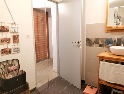 y baño con ducha y lavamanos. en Charmante suite indépendante en maison de village, en Loriol-sur-Drôme