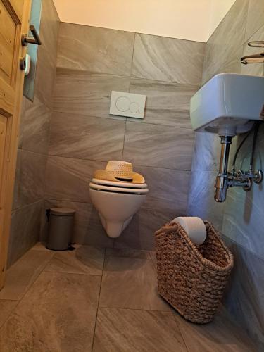 a bathroom with a toilet and a sink at Erlebnisbauernhof Gutschi Ranch in Kamp