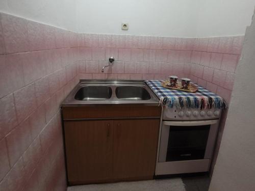 a small kitchen with a sink and a stove at Centar Apartment in Gevgelija