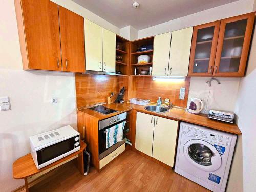 a small kitchen with a washing machine and a microwave at Eagle Rock View Apartment, Borovets in Beli Iskar