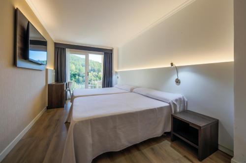 a hotel room with a bed and a window at Hotel Rosaleda del Mijares in Montanejos