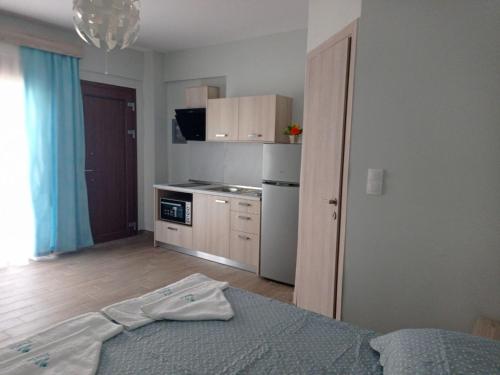 PERLA apartments في باراليا ديونيسيو: غرفة نوم بسرير ومطبخ مع موقد