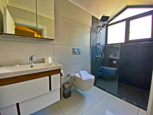 a bathroom with a sink and a toilet and a shower at Nokta Life B Villa, Özel Havuzlu, Fethiye in Fethiye