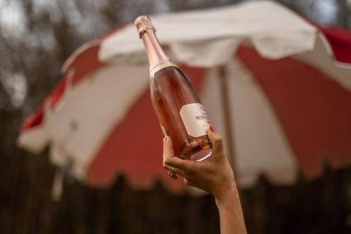 a person holding a bottle of wine in front of an umbrella at Leuchtenburg am See in Caldaro