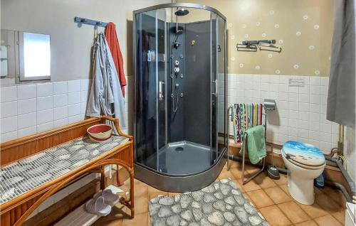 ein Bad mit einer Dusche und einem WC in der Unterkunft Lovely Home In Boussac With Kitchen in Boussac