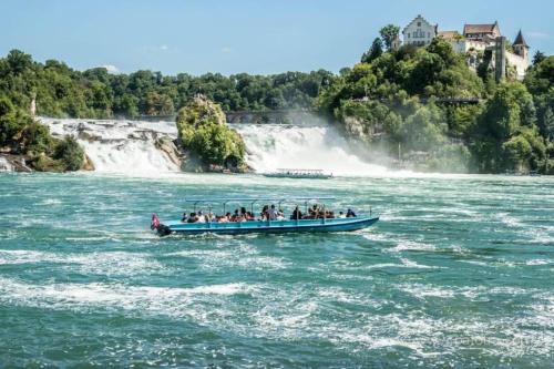 a group of people on a boat in the water near a waterfall at Schöne Einliegerwohnung 200m vom Wasser entfernt in Stein am Rhein