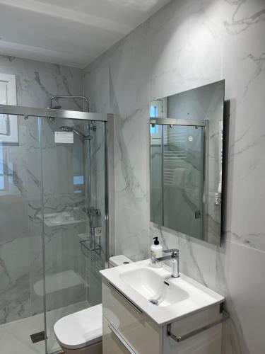 La salle de bains est pourvue d'un lavabo, d'une douche et de toilettes. dans l'établissement Anzaran, à Irún