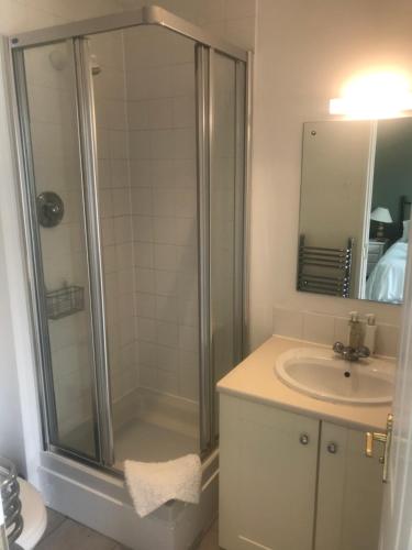 een badkamer met een douche en een wastafel bij Liming Lodge - Lakeside Home in the Cotswolds in South Cerney
