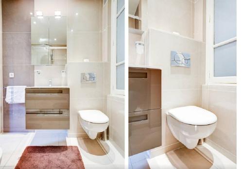 une salle de bain blanche avec des toilettes et un lavabo dans l'établissement Apartment Notre Dame Bright, à Paris