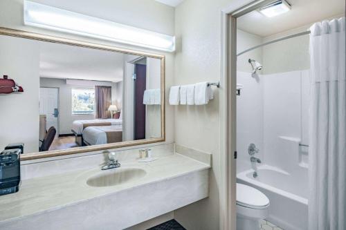 a bathroom with a sink and a toilet and a mirror at Days Inn by Wyndham Macon I-475 in Macon