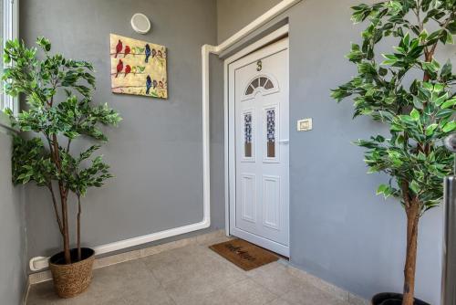 a hallway with two potted trees and a white door at Apartmani Plavi val in Vodnjan