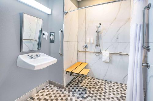 uma casa de banho com um lavatório e um chuveiro em Microtel Inn & Suites by Wyndham Austin Airport em Austin