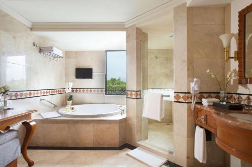 a bathroom with a tub and a shower and a sink at Hyatt Regency Yogyakarta in Yogyakarta