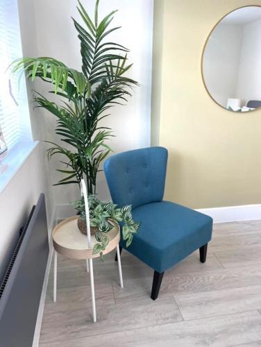 a blue chair and a potted plant in a room at Lush Porthcawl Large Spacious 3 bedroom Apt, Prime Location in Porthcawl