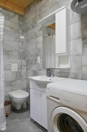 a bathroom with a washing machine and a toilet at Hakuna Matata Lake House in Jajce