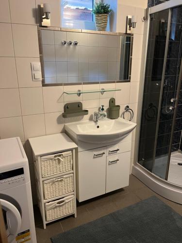 uma casa de banho com um lavatório e uma máquina de lavar roupa em Vellior Residence em Jūrmala