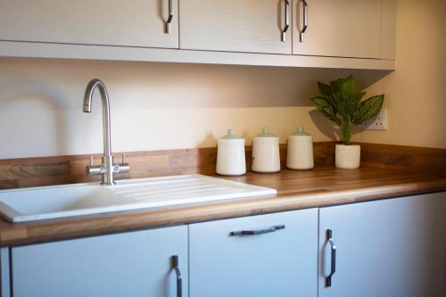 a kitchen counter with a sink and a plant at The Annex Brook House Farm, Abbey views, Yorkshire Coast Holiday Lets in Whitby