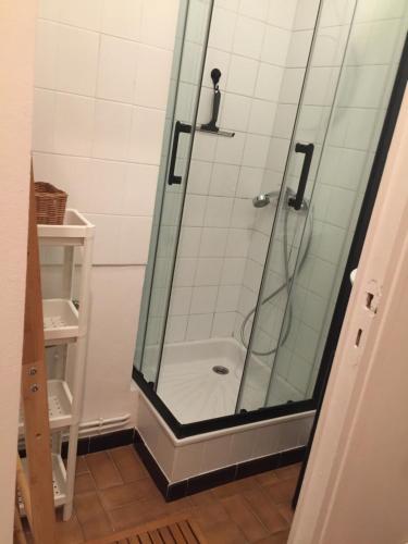 une douche avec une porte vitrée dans une salle de bain dans l'établissement studio cabine,4 personnes ,rénové,au calme,200 m de la plage,parking privé, à Sète