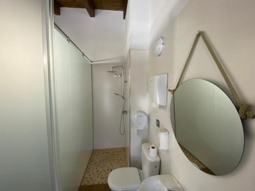 ein Badezimmer mit einem Spiegel, einem WC und einer Dusche in der Unterkunft Casa Amada con piscina in Murias de Pedredo