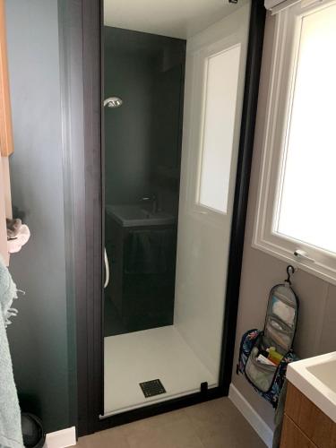 La salle de bains est pourvue d'une porte de douche en verre et d'un lavabo. dans l'établissement Mobil Home La Palmyre Camping Bonne Anse 4 étoiles, aux Mathes