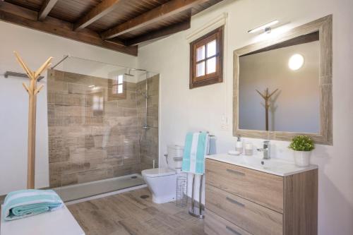 y baño con ducha, aseo y lavamanos. en Moderno loft recien reformado en Santa Cruz de Tenerife, en La Monja