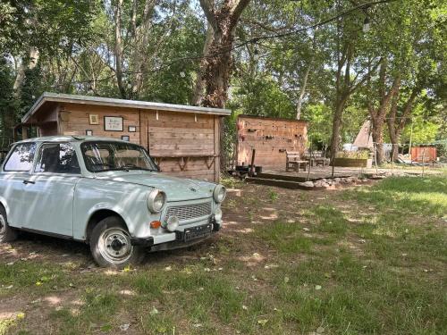 an old blue car parked next to a wooden shed at Ferienwohnungen Poppelvitz in Altefähr