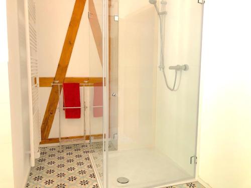 y baño con ducha y puerta de cristal. en The coach house en Altenherfen