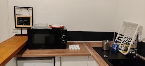 eine Mikrowelle auf einer Küchentheke in der Unterkunft Studio Bis Proche centre ville et Canal à Montargis in Montargis
