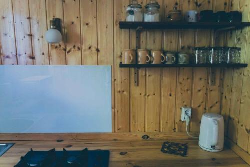 a room with a wooden wall with shelves and a counter at Nad Lipcykiem in Nowy Gaj