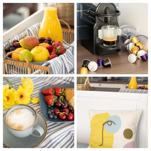 a collage of pictures with fruit and a drink at Villa GreenTree - with Private Pool, close to Budapest in Budakalász